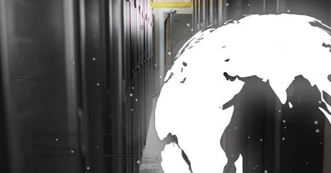 Displaying white globe overlay occupying right side of server aisle with racks, Stock-Illustration