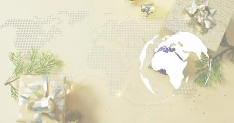 Displaying white globe silhouette on right flat-lay, with dotted world map Stock Photos