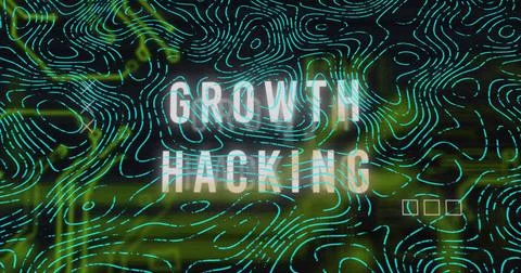 Displaying white GROWTH HACKING text in digital interface backdrop, with neon Stock Illustration
