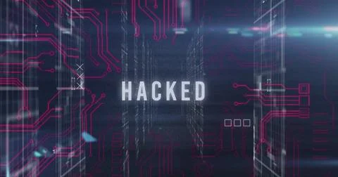 Displaying white HACKED text floating in cyberspace, with data columns and neon 스톡 일러스트