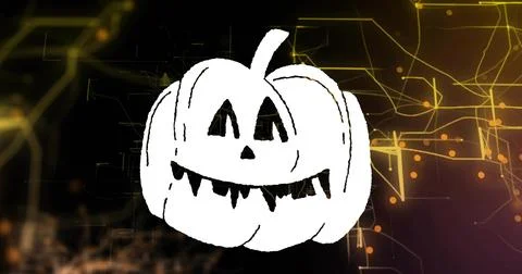 Displaying white hand-drawn jack-o'-lantern glowing on dark digital backgroun 스톡 일러스트