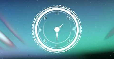 Displaying white HUD dial rotating over cosmic backdrop with rings and pointer Stockillustratie