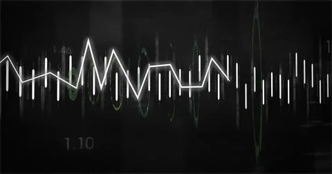 Displaying white jagged waveform intersecting vertical white bars on interface, Stock Photos