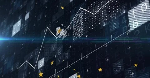 Displaying white line chart pulsing over interface, with currency tables, star 库存插图