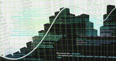 Displaying white line graph crossing black city skyline in dashboard with green Stock-Fotos