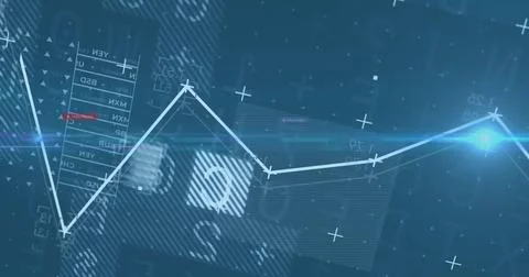 Displaying white line graph highlighting glowing node on blue dashboard, with イラスト素材