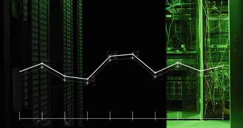 Displaying white line graph overlay on server racks with drive bays, network Stock Illustration