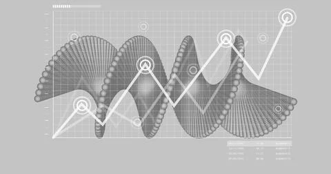 Displaying white line graph overlaying dotted 3D waveform on grey grid backdrop, Stock Illustration