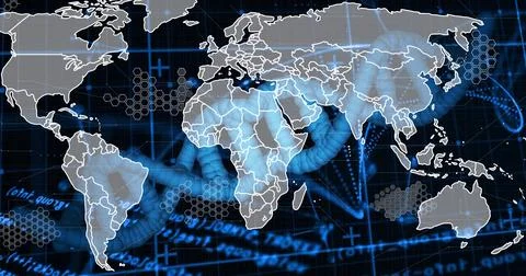 Displaying white-lined world map over glowing blue DNA helix in dark blue grid, 스톡 일러스트