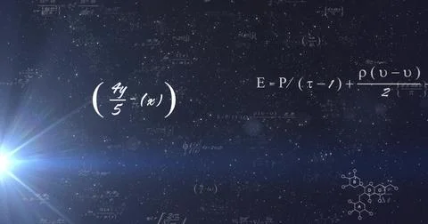 Displaying white math equations and long formula over deep space, lens flare and Stock Illustration