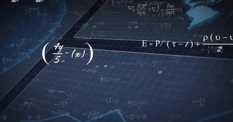 Displaying white math formulas across central blue grid plane, with equation E=P Stockfoto's