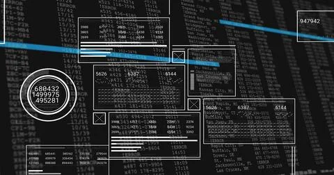 Displaying white-outlined HUD panels with concentric gauge on dark console, s 스톡 일러스트