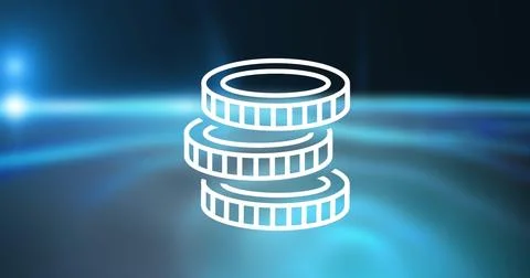 Displaying white outlined stack of 3 coins rotating on glossy blue gradient, Stock Illustration