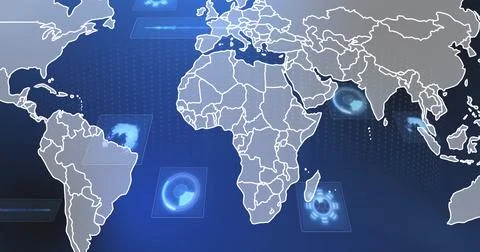 Displaying white-outlined world map with holographic panels, grid overlays on Illustrazione stock