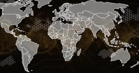 Displaying white outlined world map on digital screen with glowing data points Illustrazione stock