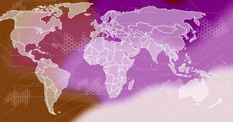 Displaying white outlined world map on digital dashboard, showing hex clusters Illustrazione stock