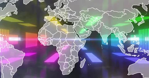 Displaying white outlined world map in digital UI, overlaying neon arrows, Illustrazione stock