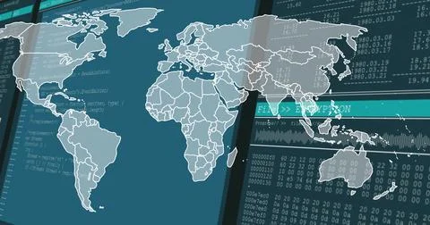 Displaying white-outlined world map overlay on multi-pane security console, Illustrazione stock