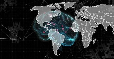 Displaying white outlined world map overlaying dark grid, with turquoise mesh Foto stock