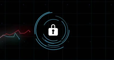 Displaying white padlock icon anchoring segmented cyan rings on black grid with Stock Photos