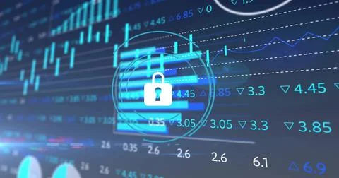 Displaying white padlock icon in circle overlay on dashboard, showing charts and Stock Photos