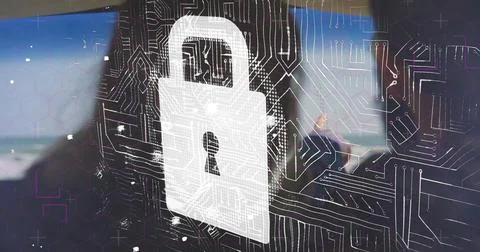 Displaying white padlock icon hovering over circuit board overlay at office Stock Illustration