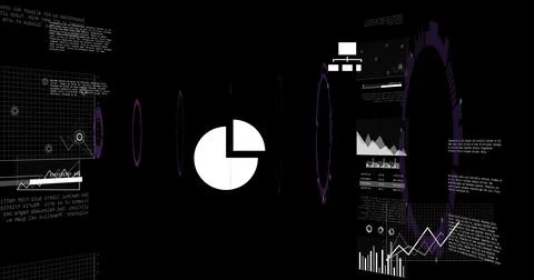Displaying white pie chart hovering in virtual interface, with line graphs and Stockfoto's