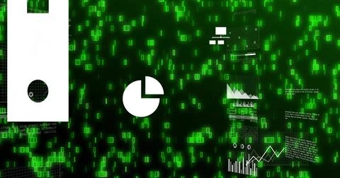 Displaying white pie chart icon floating in digital analytics HUD, with neon 스톡 일러스트