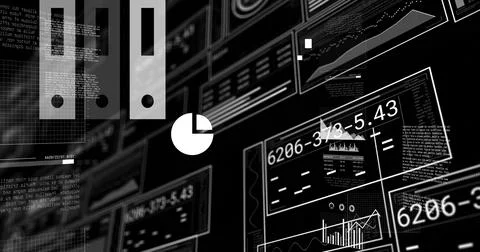 Displaying white pie chart icon hovering over digital interface with binder Stock Photos