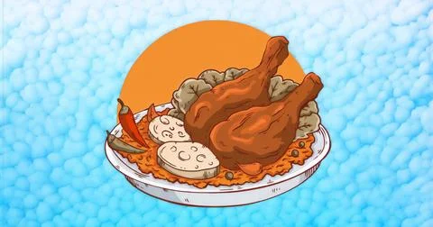 Displaying white plate featuring two roast chicken legs atop orange rice in Illustrazione stock