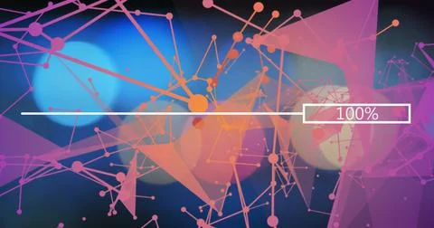 Displaying white progress bar reaching 100% over network nodes, lines and Illustrazione stock