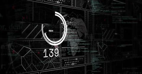 Displaying white progress circle readout 139 rotating in digital HUD, globe and 库存插图