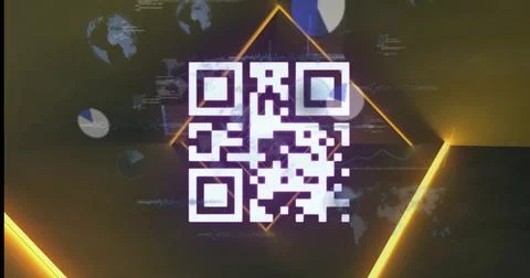 Displaying white QR code centered on screen, with yellow-orange glowing diagonal 스톡 사진
