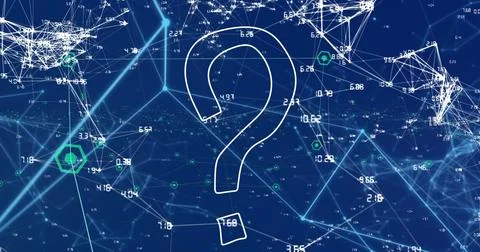 Displaying white question mark in network with lines linking nodes, numbers a Stock Photos