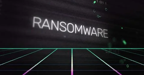 Displaying white RANSOMWARE text hovering over neon grid floor in cyber Stock Illustration