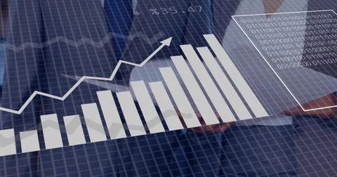 Displaying white rising bar chart on grid glass at meeting, binary code, hand, Stockfoto's