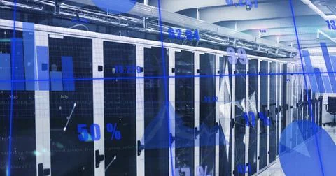 Displaying white server cabinets lining climate control data center corridor, Stock Photos