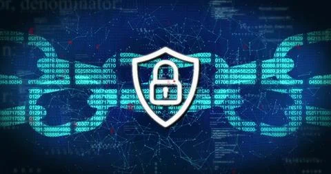 Displaying white shield emblem showing closed padlock protecting data in Stockillustratie