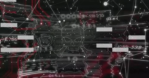 Displaying white skull-and-crossbones glyph on cyber UI, showing circuit trac Stock Illustration