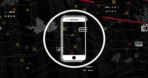 Displaying white smartphone icon in circle frame on cyber dashboard, with code Illustrazione stock