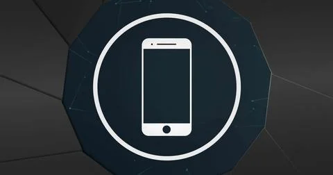 Displaying white smartphone icon inside outline on polygon backdrop, showing Stock Photos