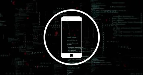 Displaying white smartphone icon inside circular outline in dark coding console, Stock Photos