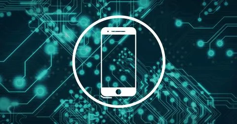 Displaying white smartphone icon in white ring hovering over teal circuit board Stock Illustration