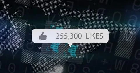 Displaying white speech-bubble pop-up with thumbs-up icon, 255,300 LIKES on Foto stock