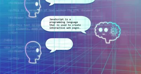 Displaying white speech bubble teaching JavaScript on neon grid with faint code, 库存插图