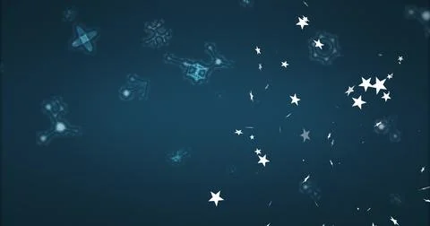 Displaying white star shapes drifting on blue backdrop, with network motifs and Ilustración de archivo
