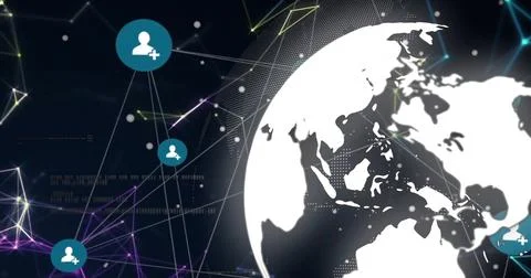 Displaying white stylized globe overlapping glowing mesh network, with teal node Stock Photos