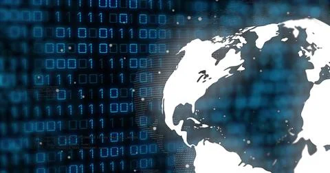 Displaying white stylized globe showing dot network over blue binary code in Stock Illustration