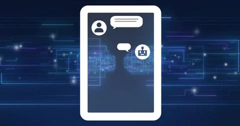 Displaying white tablet outline with chat icons, AI clusters, neon traces on Stock Illustration
