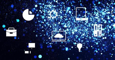 Displaying white tech and business icons floating over blue sparkling backgro Stock Illustration